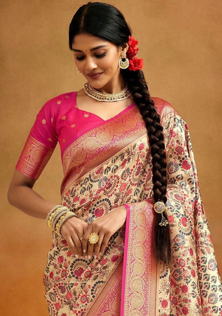 White Embroidered Poly Blend Saree Set With Blouse