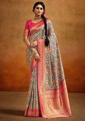 Green Embroidered Poly Blend Saree Set With Blouse