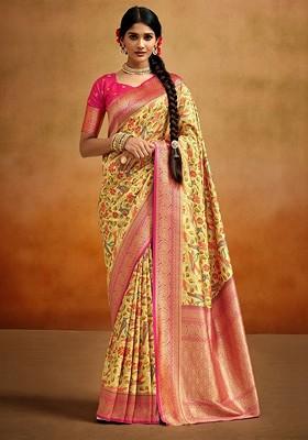Yellow Embroidered Poly Blend Saree Set With Blouse