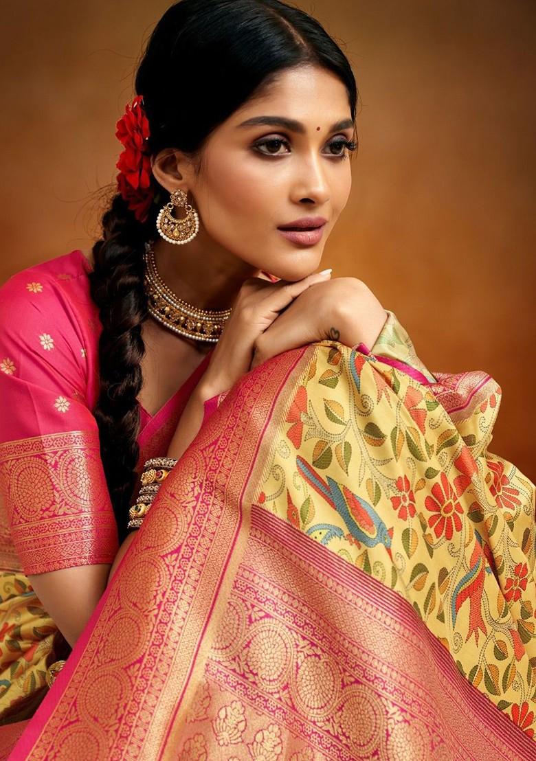 Yellow Embroidered Poly Blend Saree Set With Blouse