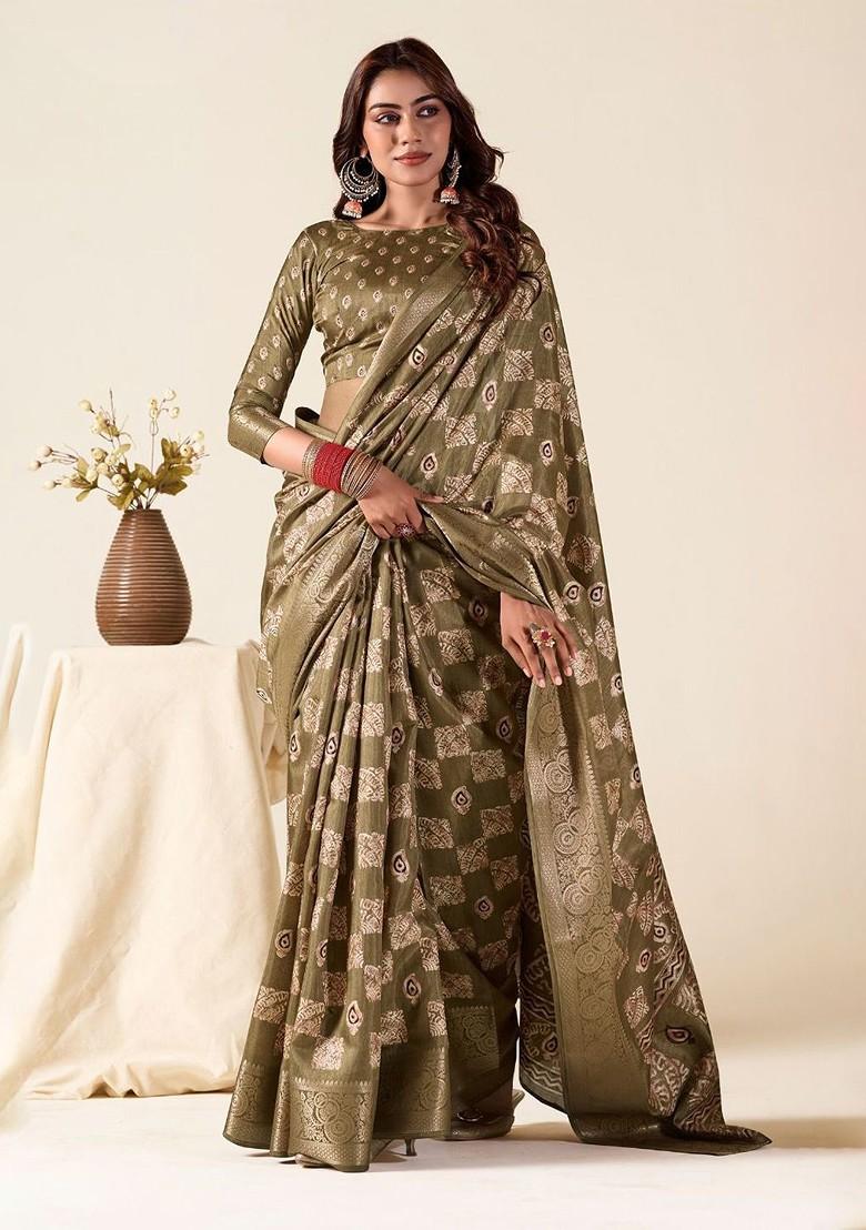Olive Green Embroidered Poly Blend Saree Set With Blouse
