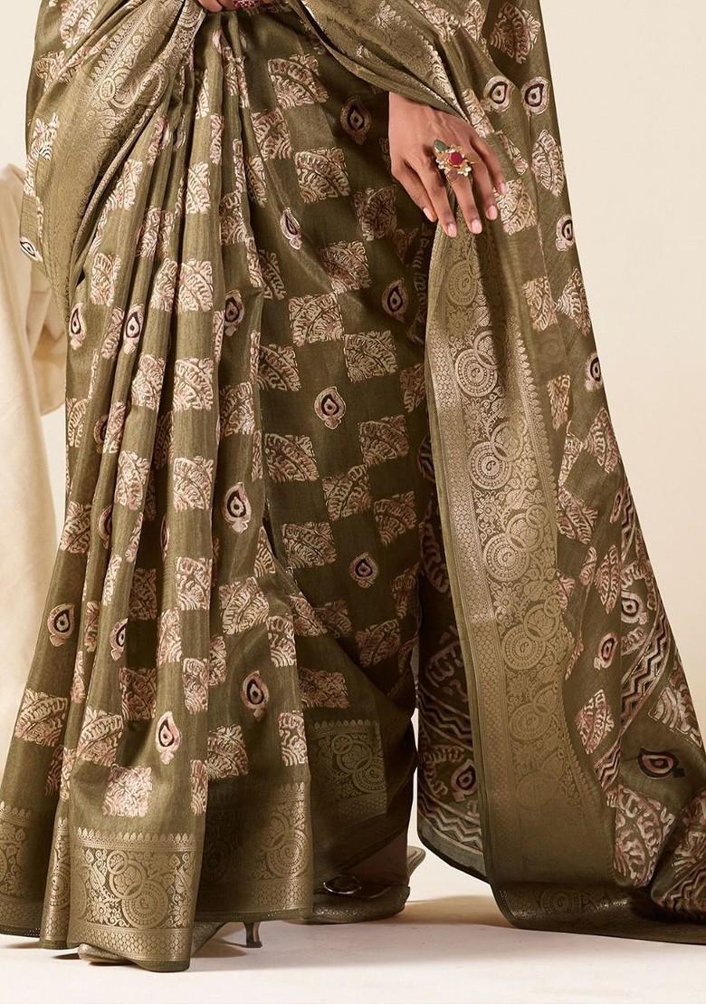 Olive Green Embroidered Poly Blend Saree Set With Blouse