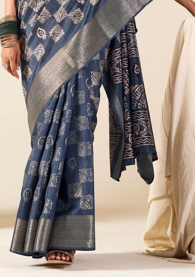 Blue Embroidered Poly Blend Saree Set With Blouse