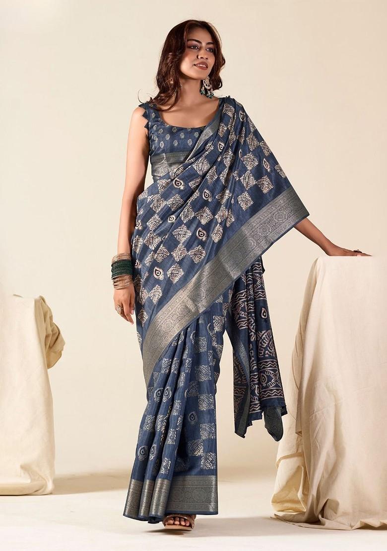 Blue Embroidered Poly Blend Saree Set With Blouse