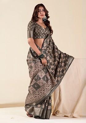 Grey Embroidered Poly Blend Saree Set With Blouse