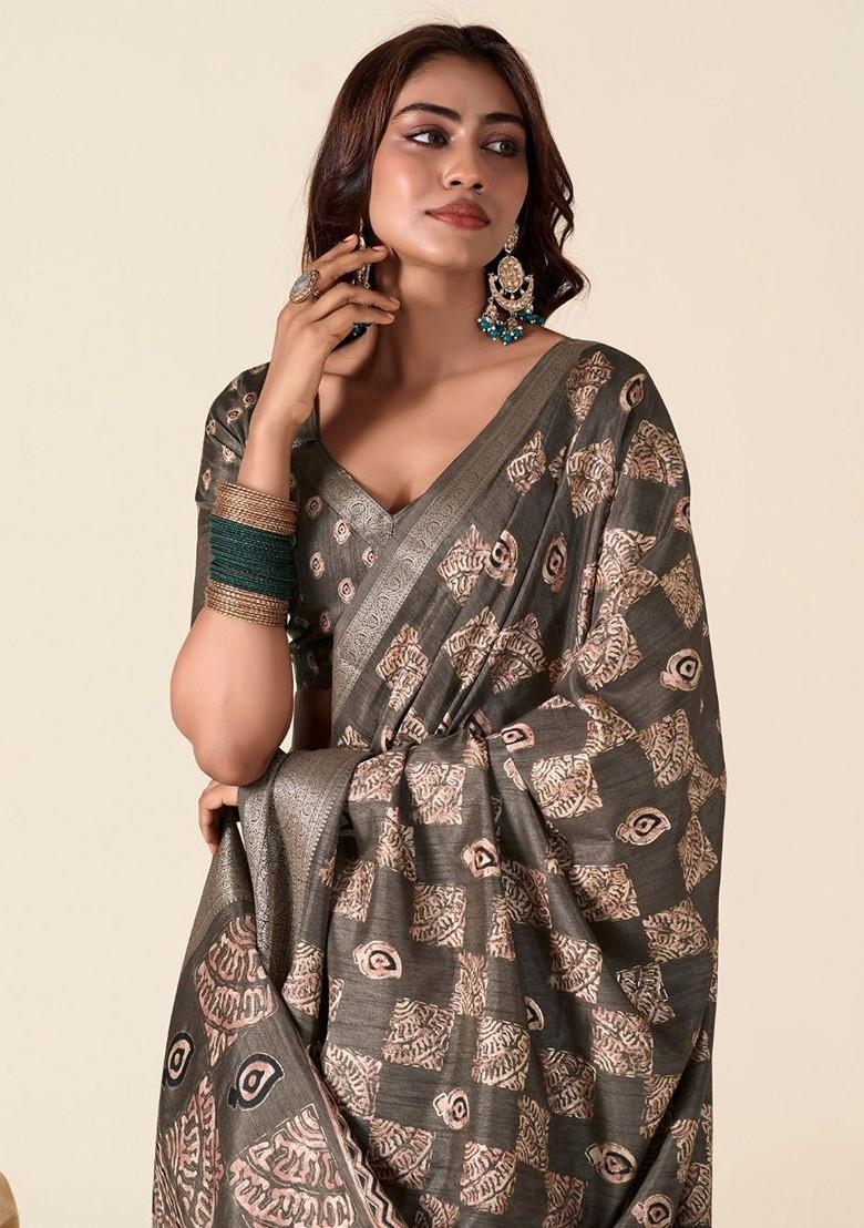 Grey Embroidered Poly Blend Saree Set With Blouse