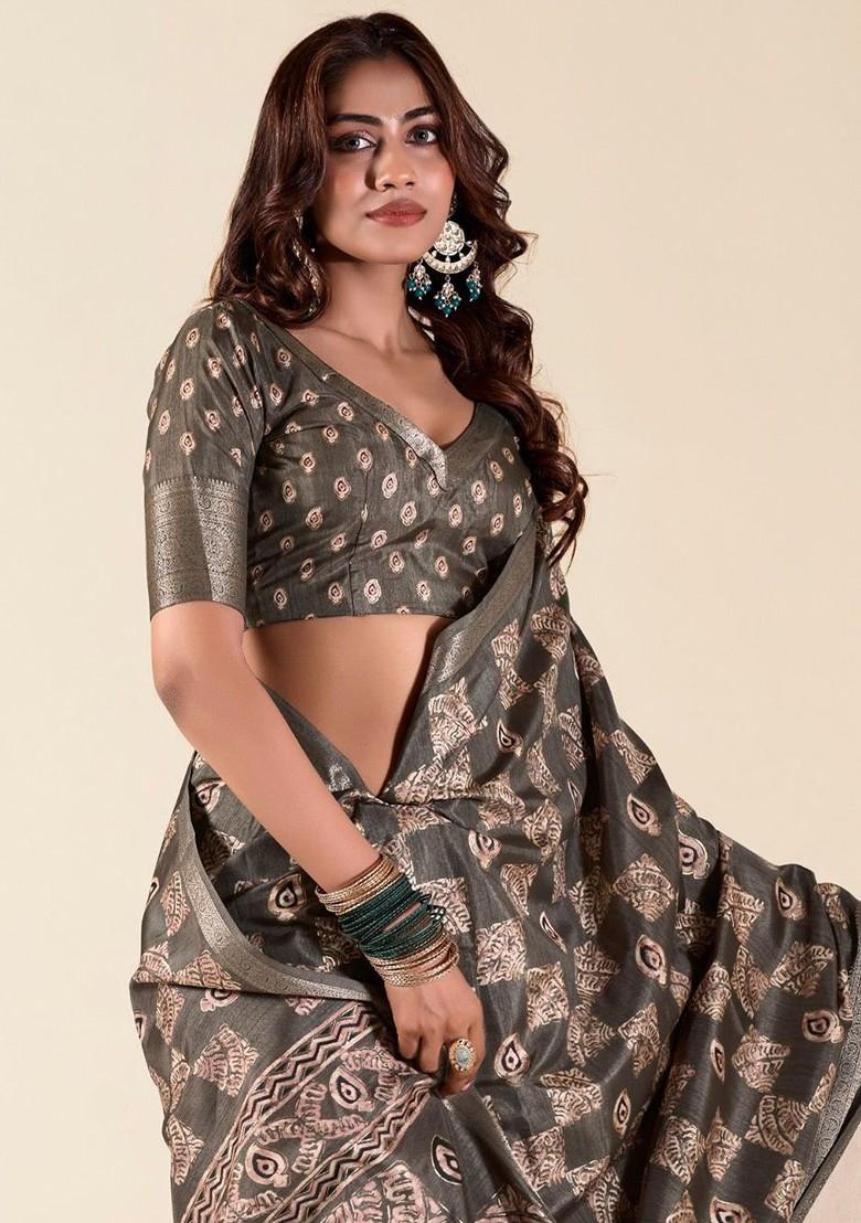 Grey Embroidered Poly Blend Saree Set With Blouse