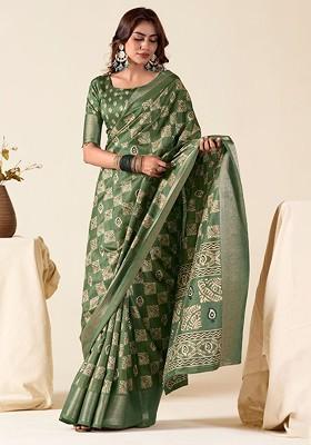 Green Embroidered Poly Blend Saree Set With Blouse