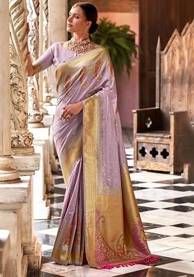 Lavender Embroidered Poly Blend Saree Set With Blouse