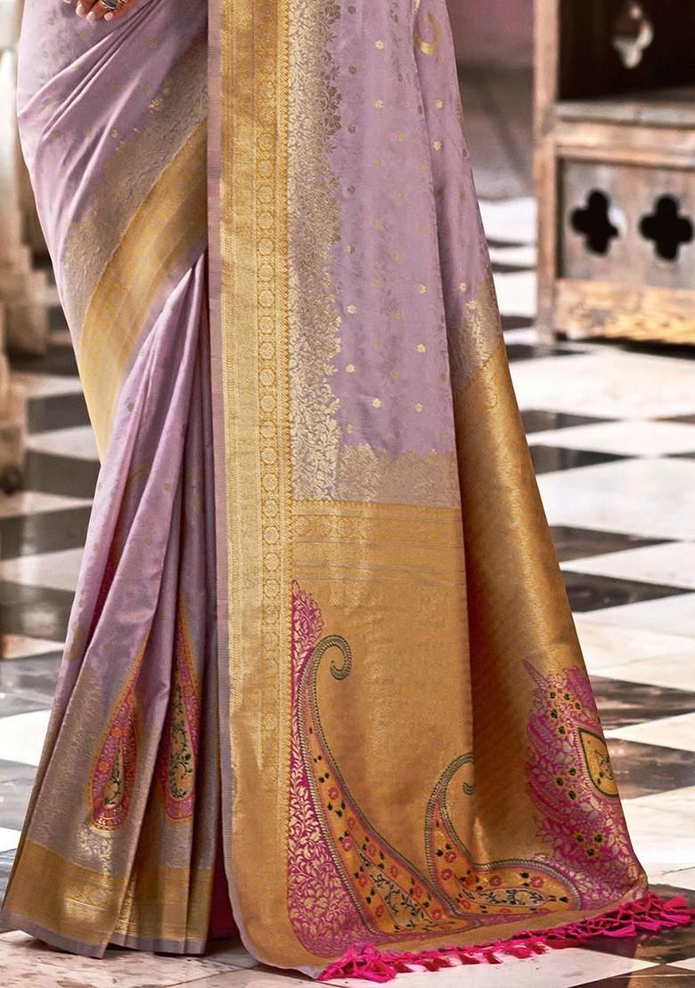 Lavender Embroidered Poly Blend Saree Set With Blouse