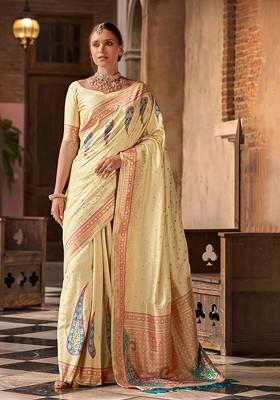 Beige Embroidered Poly Blend Saree Set With Blouse
