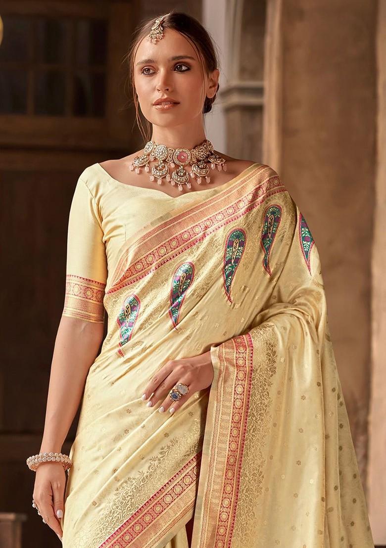 Beige Embroidered Poly Blend Saree Set With Blouse