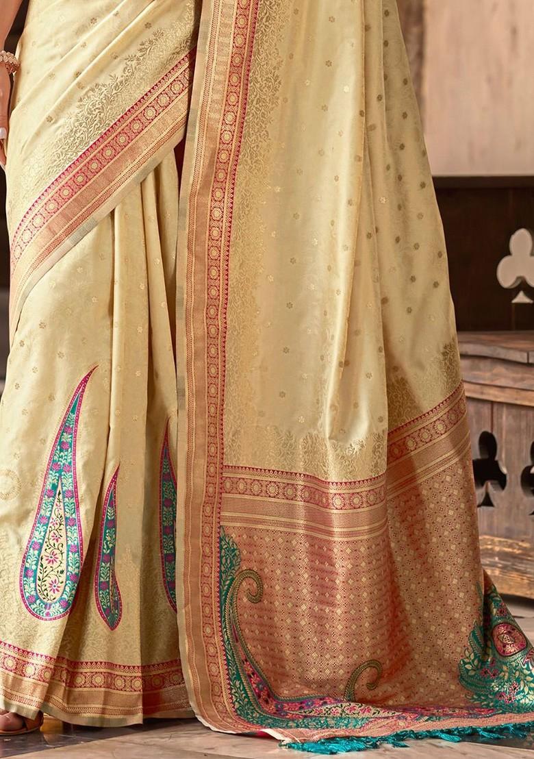 Beige Embroidered Poly Blend Saree Set With Blouse