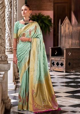 Green Embroidered Poly Blend Saree Set With Blouse