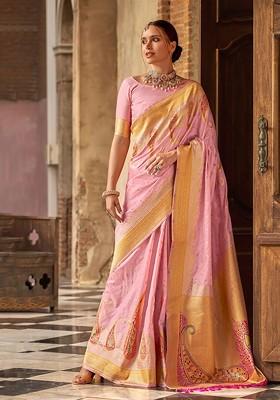Pink Woven Design Poly Blend Saree Set With Blouse