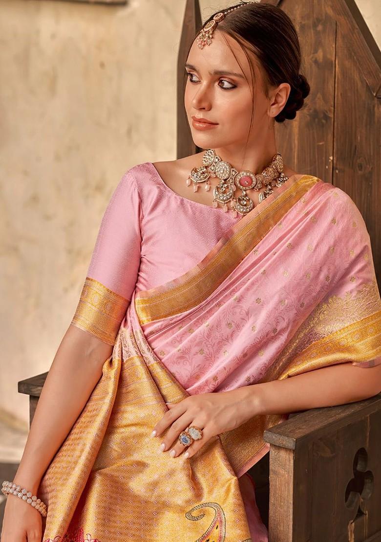 Pink Woven Design Poly Blend Saree Set With Blouse