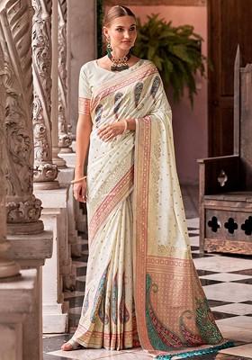 Cream Woven Design Poly Blend Saree Set With Blouse