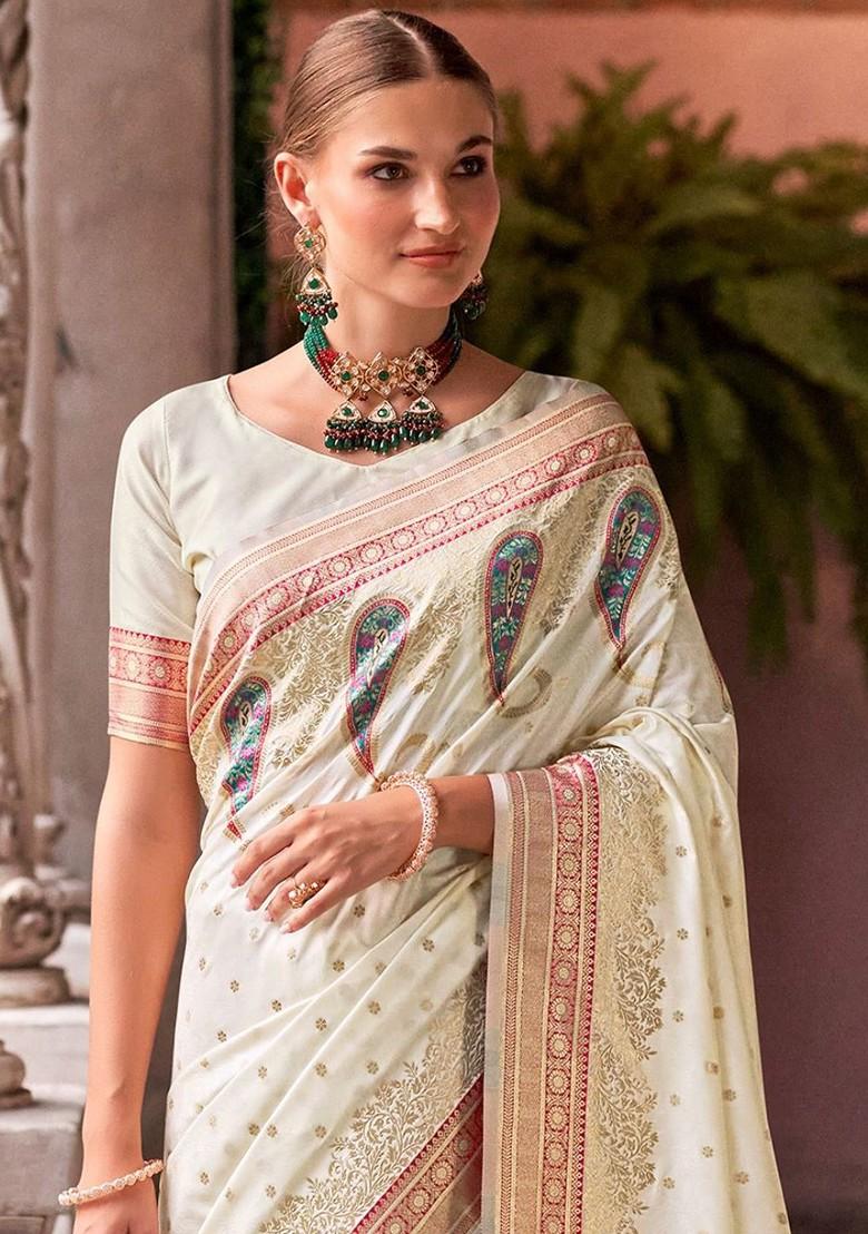 Cream Woven Design Poly Blend Saree Set With Blouse