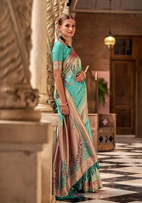 Blue Embroidered Poly Blend Saree Set With Blouse