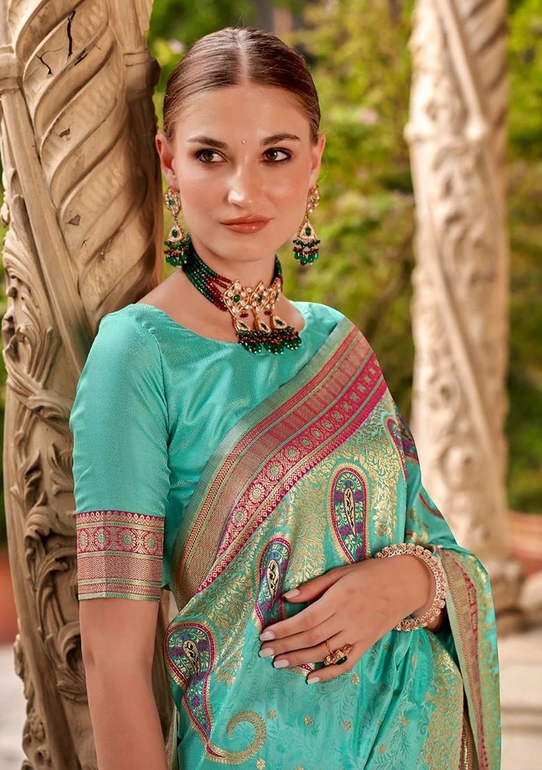 Blue Embroidered Poly Blend Saree Set With Blouse