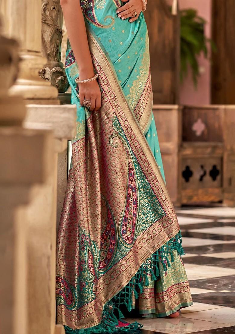 Blue Embroidered Poly Blend Saree Set With Blouse