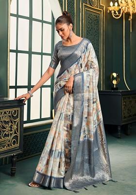 Grey Embroidered Poly Blend Saree Set With Blouse