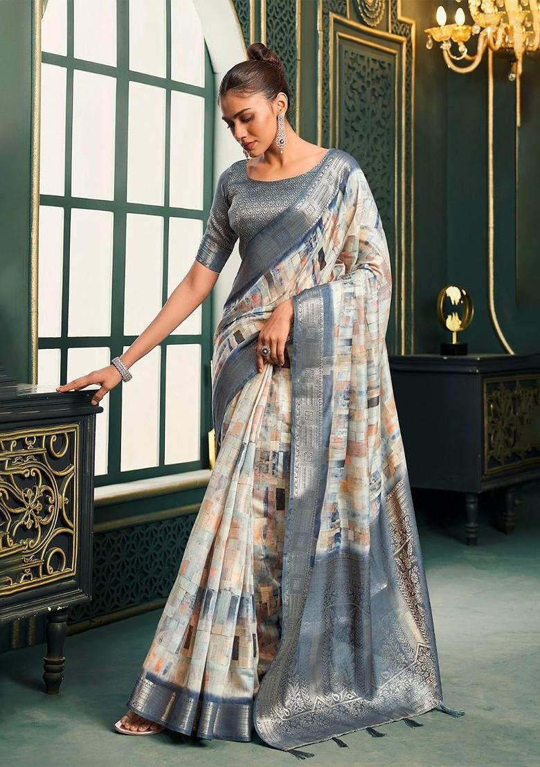 Grey Embroidered Poly Blend Saree Set With Blouse