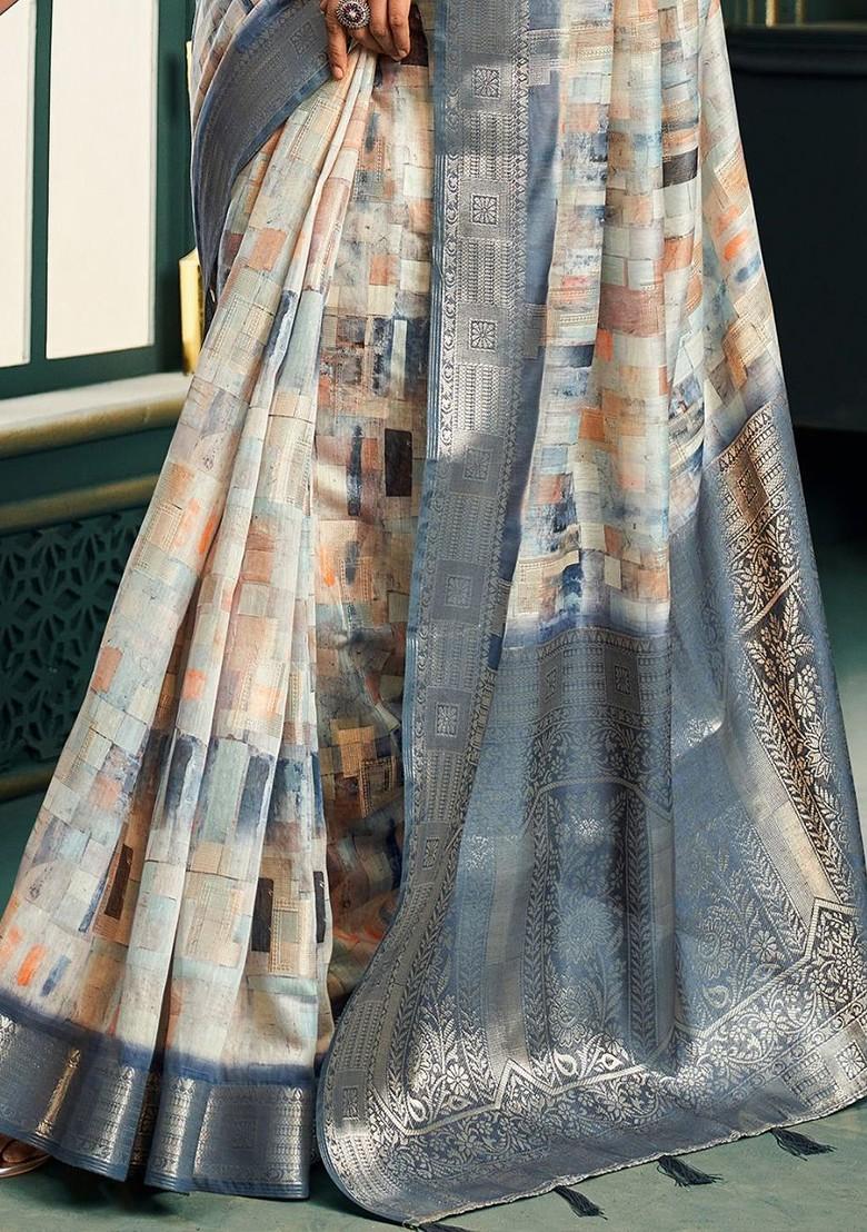 Grey Embroidered Poly Blend Saree Set With Blouse