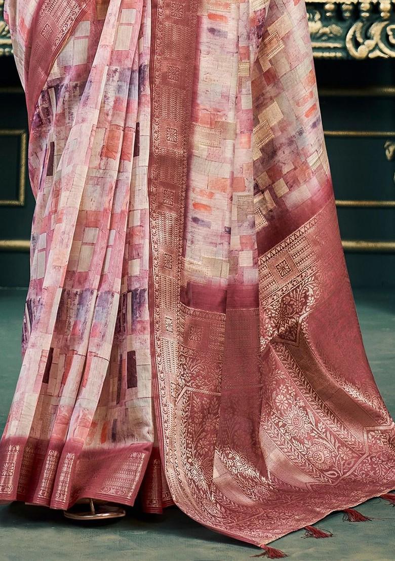 Brown Woven Design Poly Blend Saree Set With Blouse