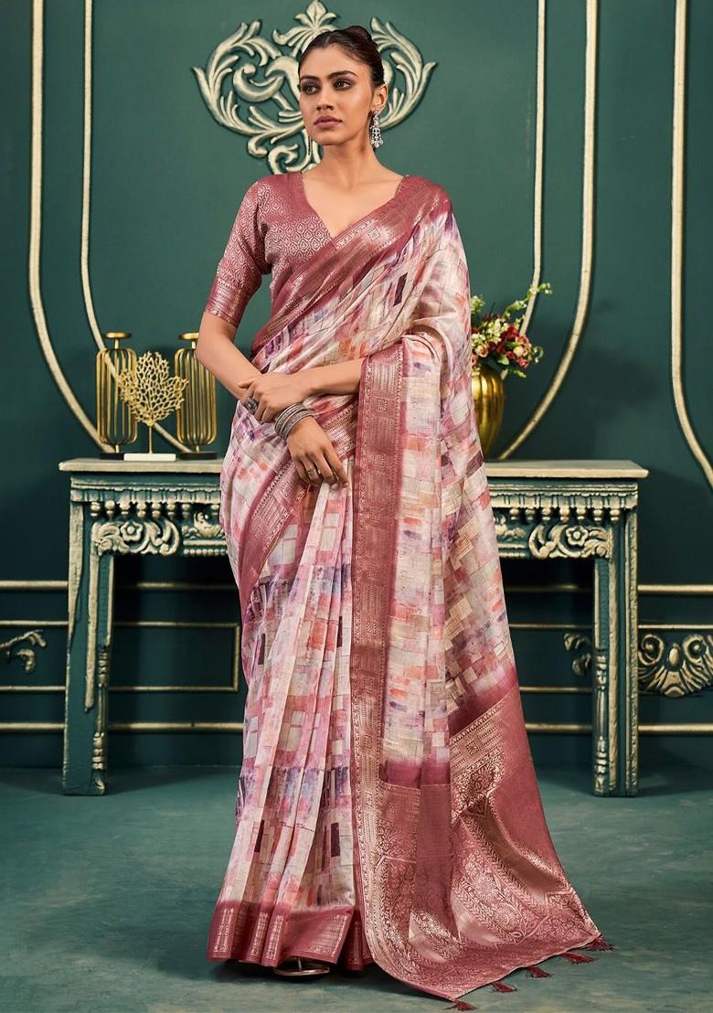 Brown Woven Design Poly Blend Saree Set With Blouse