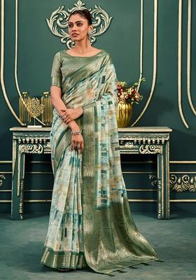 Green Embroidered Poly Blend Saree Set With Blouse