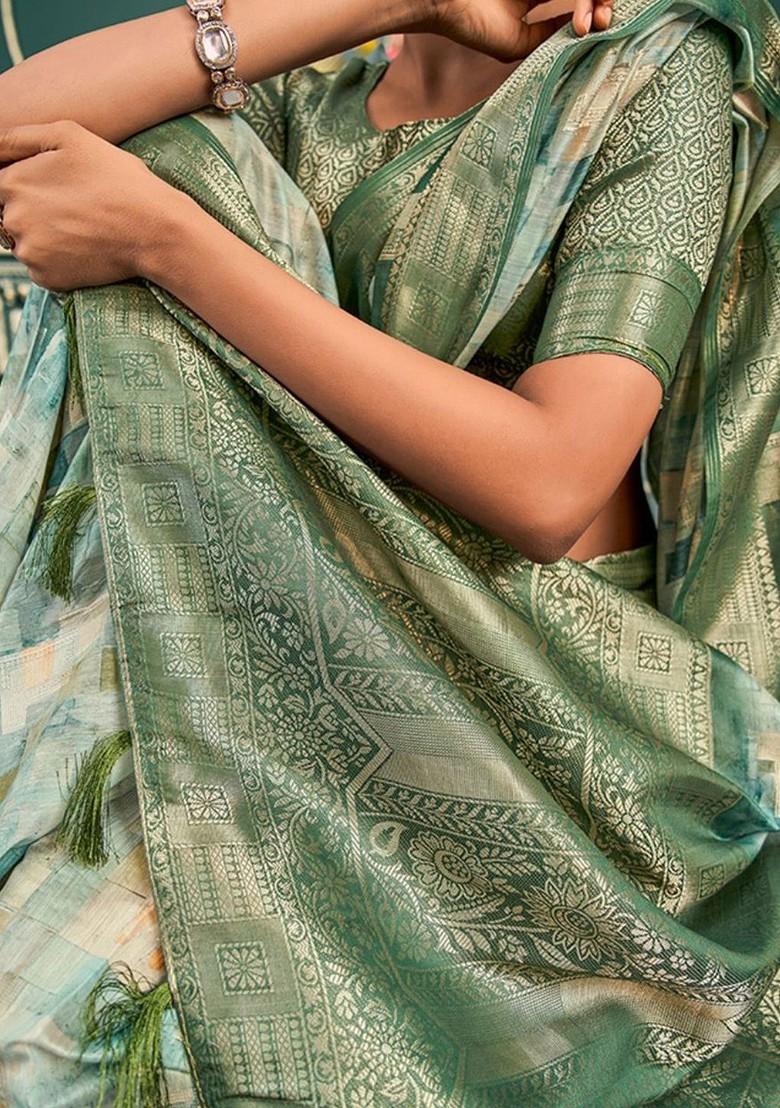Green Embroidered Poly Blend Saree Set With Blouse