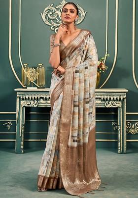 White Embroidered Poly Blend Saree Set With Blouse