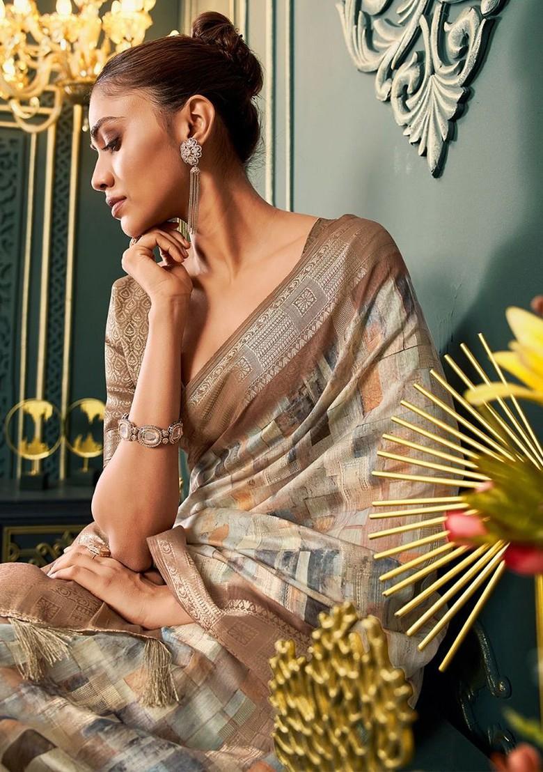 White Embroidered Poly Blend Saree Set With Blouse