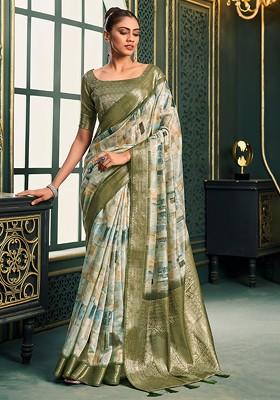 Green Embroidered Poly Blend Saree Set With Blouse