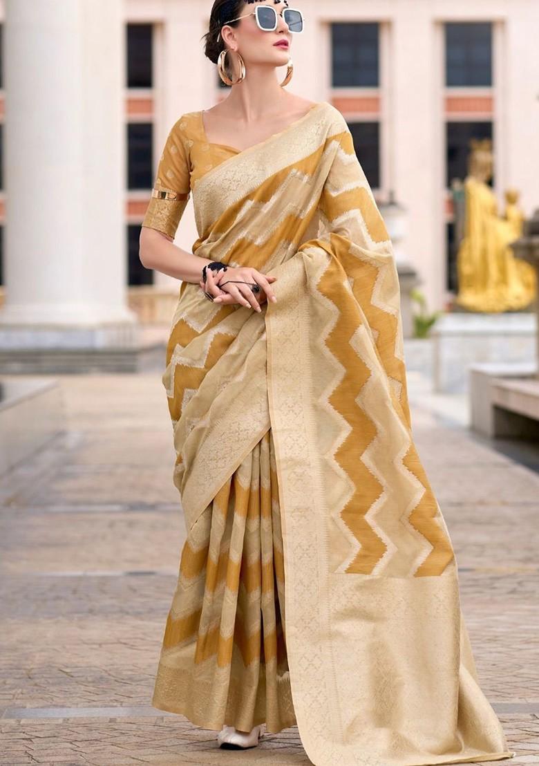 Mustard Yellow Woven Design Poly Blend Saree Set With Blouse