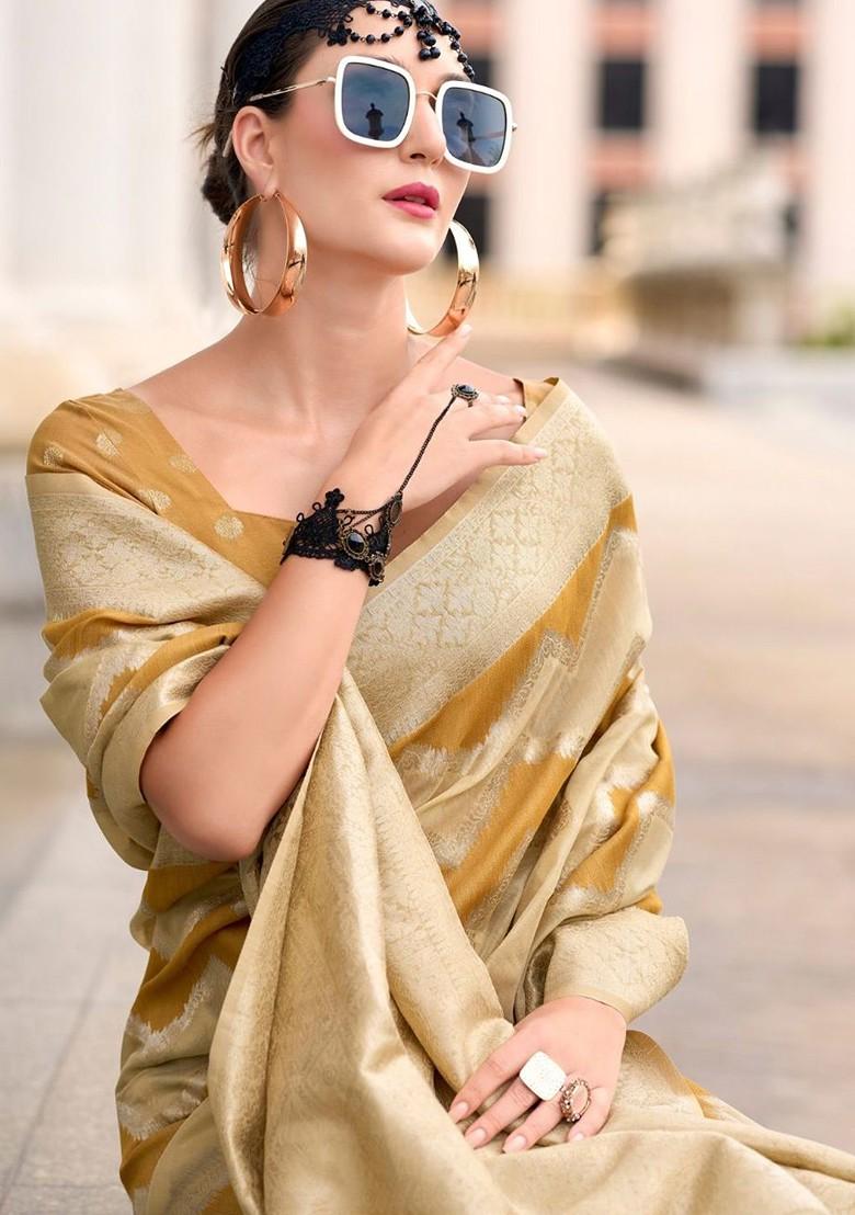 Mustard Yellow Woven Design Poly Blend Saree Set With Blouse