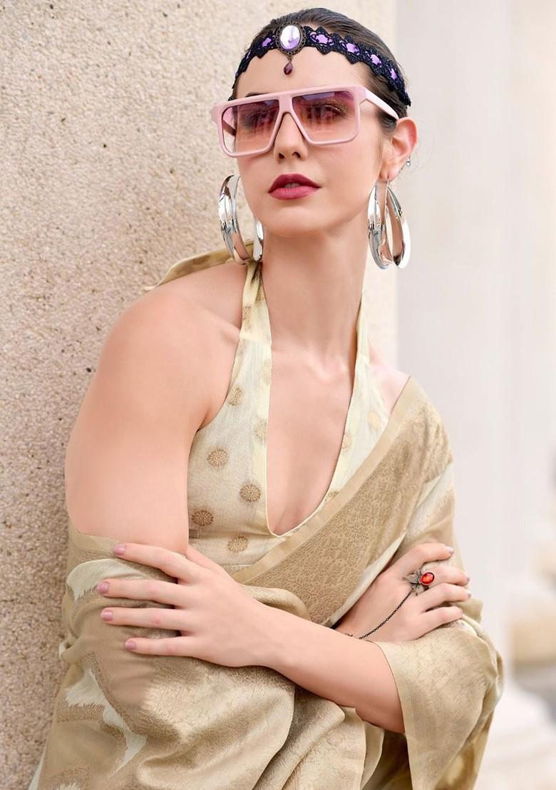 Beige Embroidered Poly Blend Saree Set With Blouse