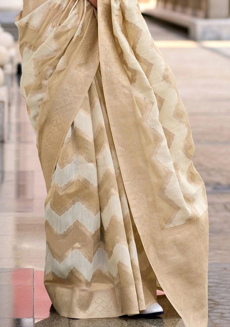 Beige Embroidered Poly Blend Saree Set With Blouse