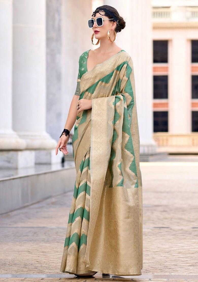 Green Embroidered Poly Blend Saree Set With Blouse