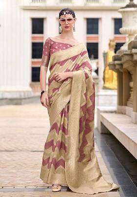Pink Woven Design Poly Blend Saree Set With Blouse