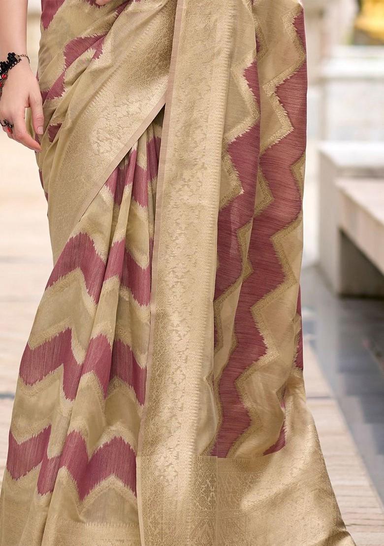 Pink Woven Design Poly Blend Saree Set With Blouse
