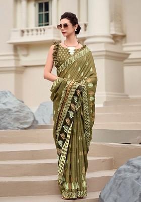 Green Embroidered Poly Blend Saree Set With Blouse