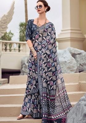 Grey Embroidered Poly Blend Saree Set With Blouse