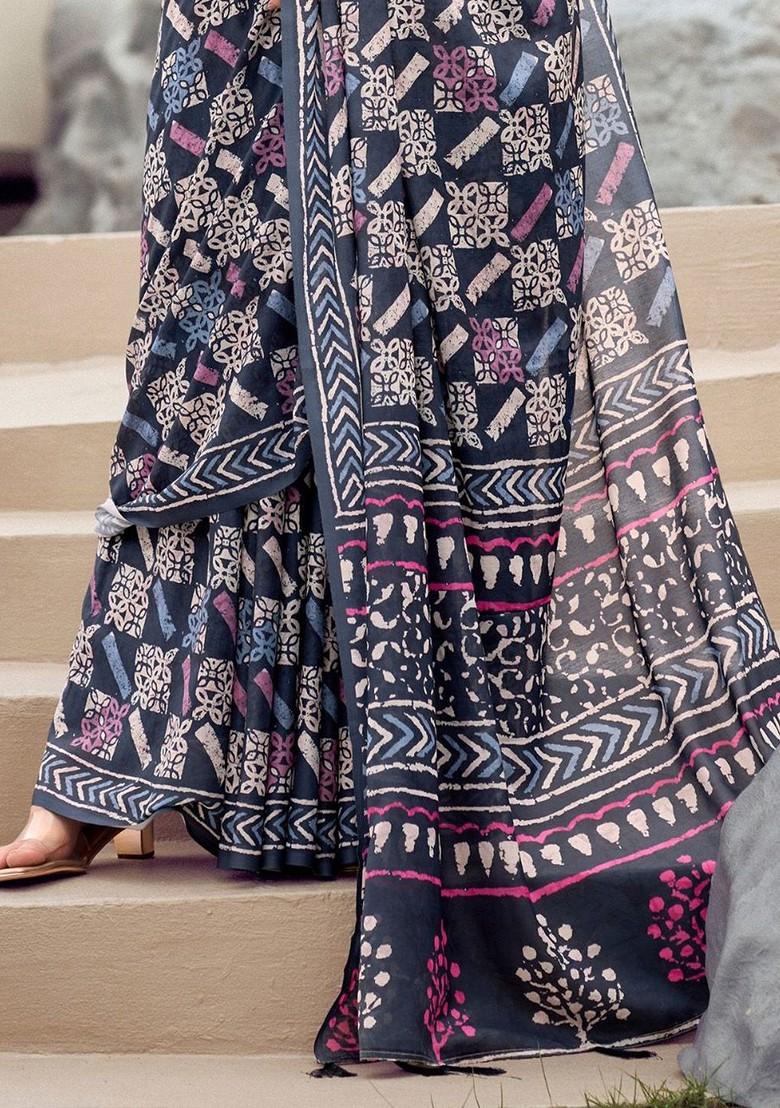 Grey Embroidered Poly Blend Saree Set With Blouse