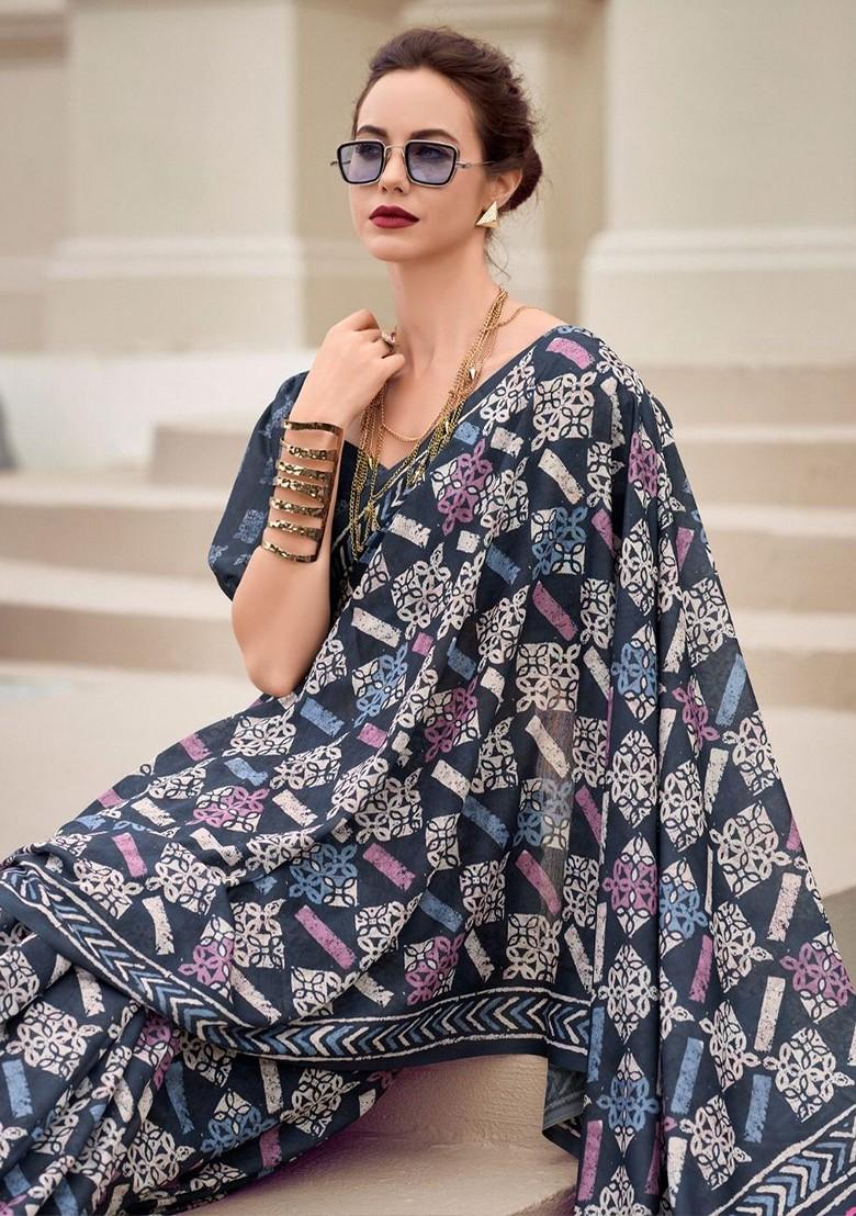 Grey Embroidered Poly Blend Saree Set With Blouse