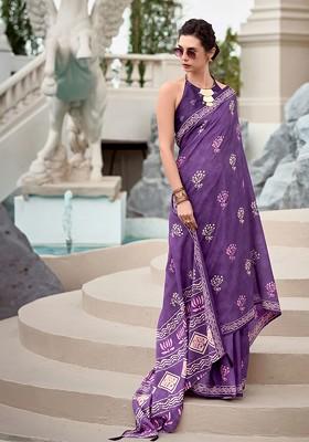 Lavender Embroidered Poly Blend Saree Set With Blouse