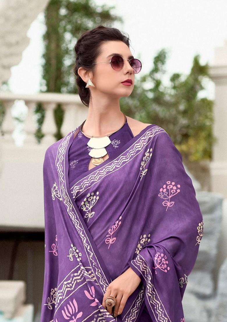 Lavender Embroidered Poly Blend Saree Set With Blouse