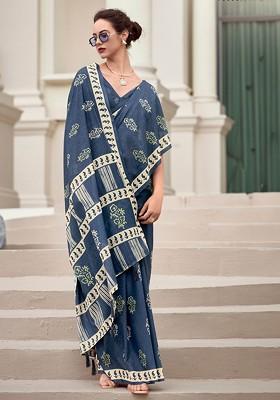 Grey Embroidered Poly Blend Saree Set With Blouse
