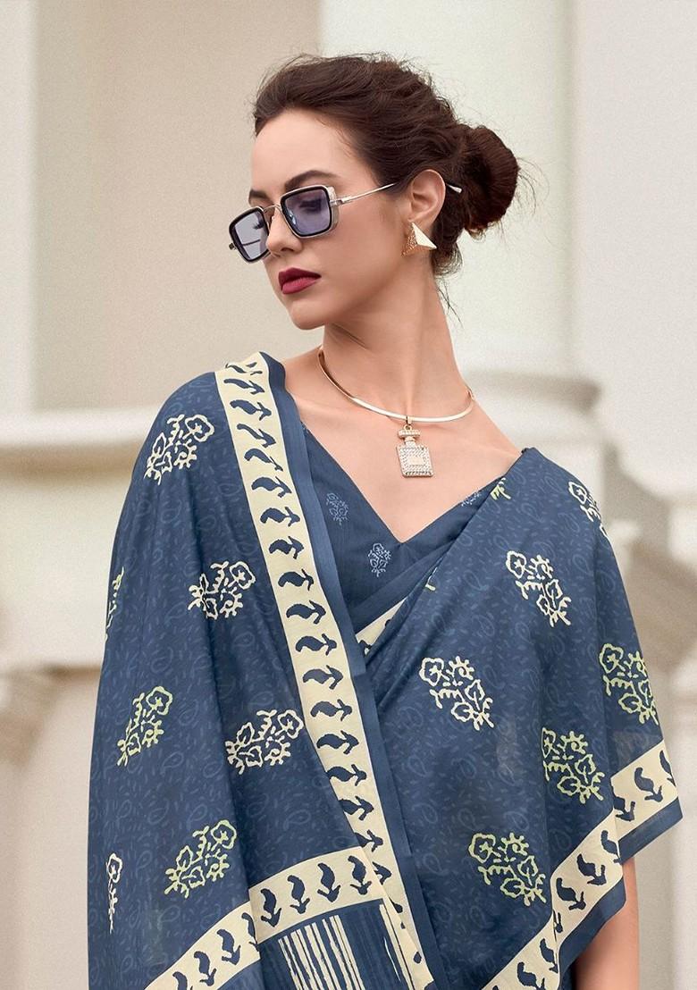 Grey Embroidered Poly Blend Saree Set With Blouse